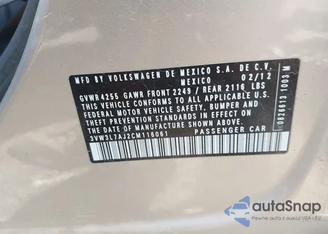 2012 Volkswagen Jetta 2.0L Tdi z USA, uszkodzony, nr VIN 3VW3L7AJ2CM116061